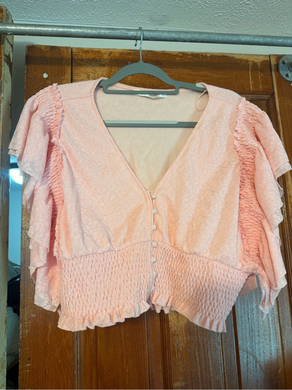 Altar'd State Light Pink Ruffle Sleeve Smocked Crop Top